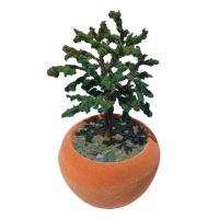 ماکت درخت بونسای ادیب ماکت با گلدان سرامیکی نارنجی و برگهای سبز.